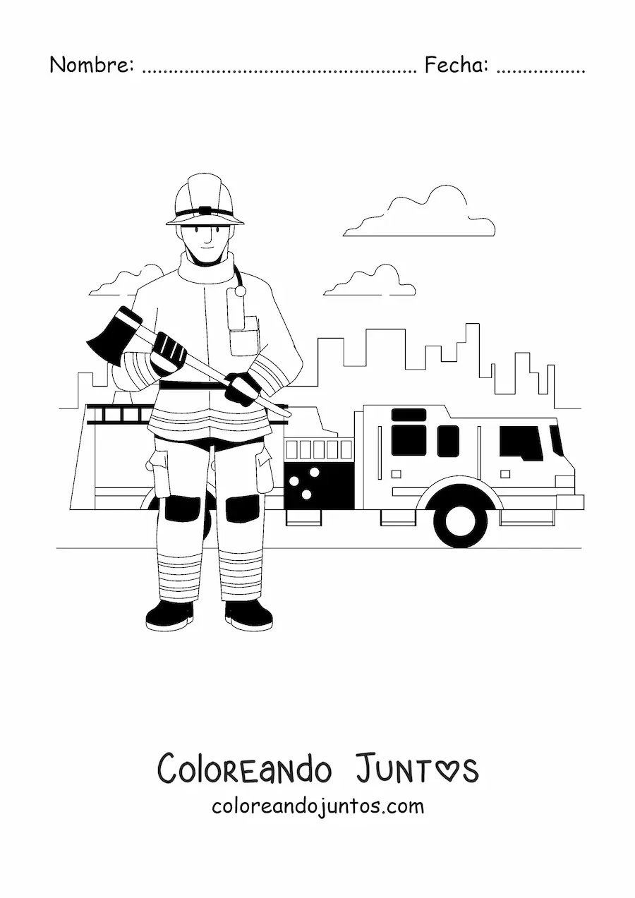Imagen para colorear de un bombero en la ciudad junto a un camión