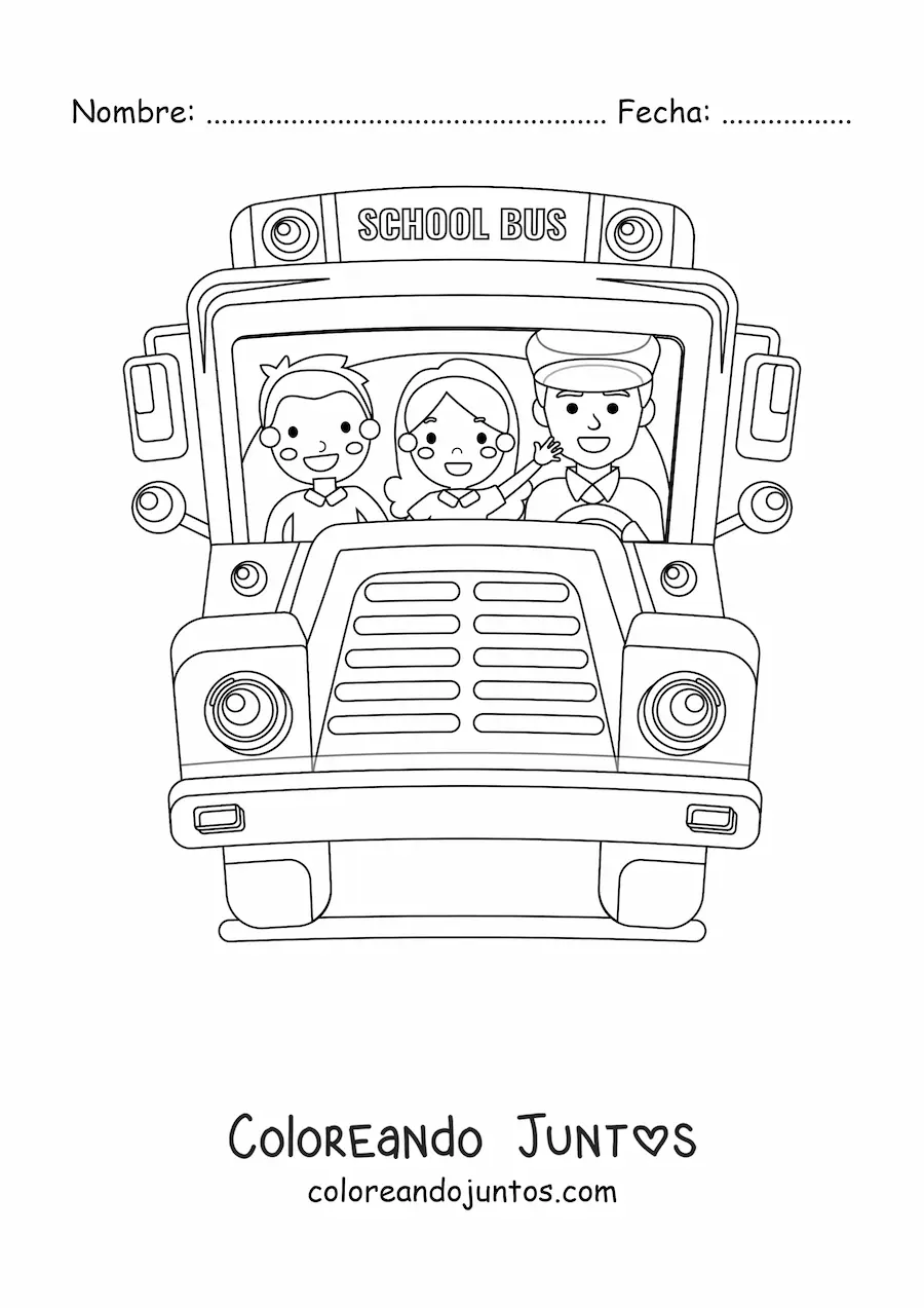 Imagen para colorear de la vista frontal de un autobús escolar con alumnos