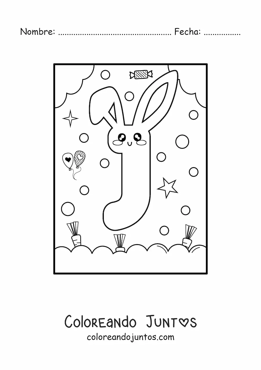 Imagen para colorear de letra j con forma de conejo kawaii animado