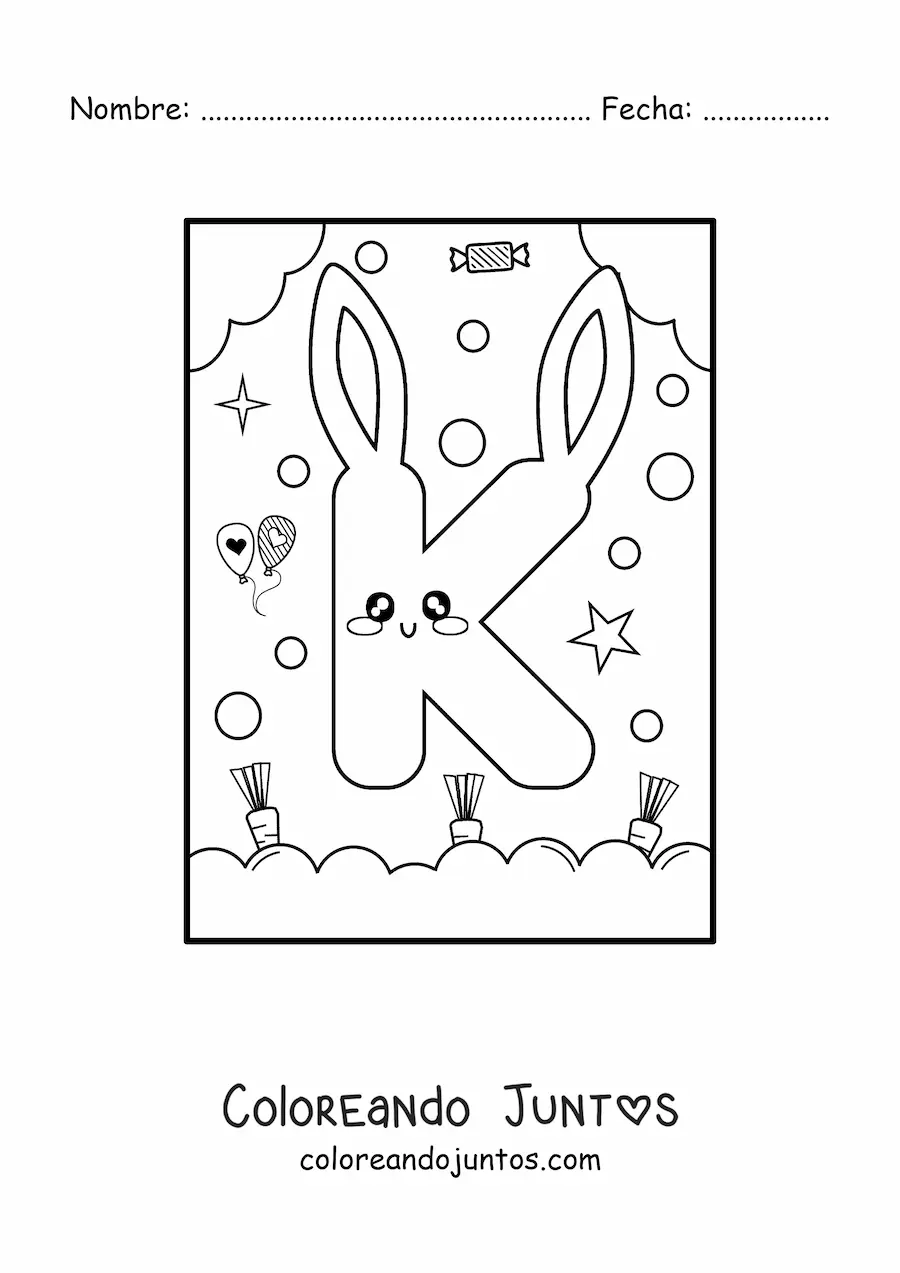 Imagen para colorear de letra k con forma de conejo kawaii animado