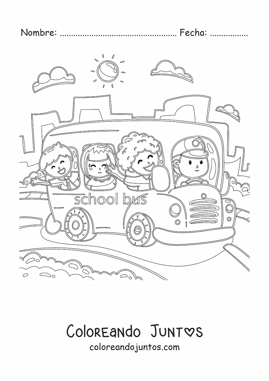 Imagen para colorear de varios niños alumnos felices un en autobús escolar