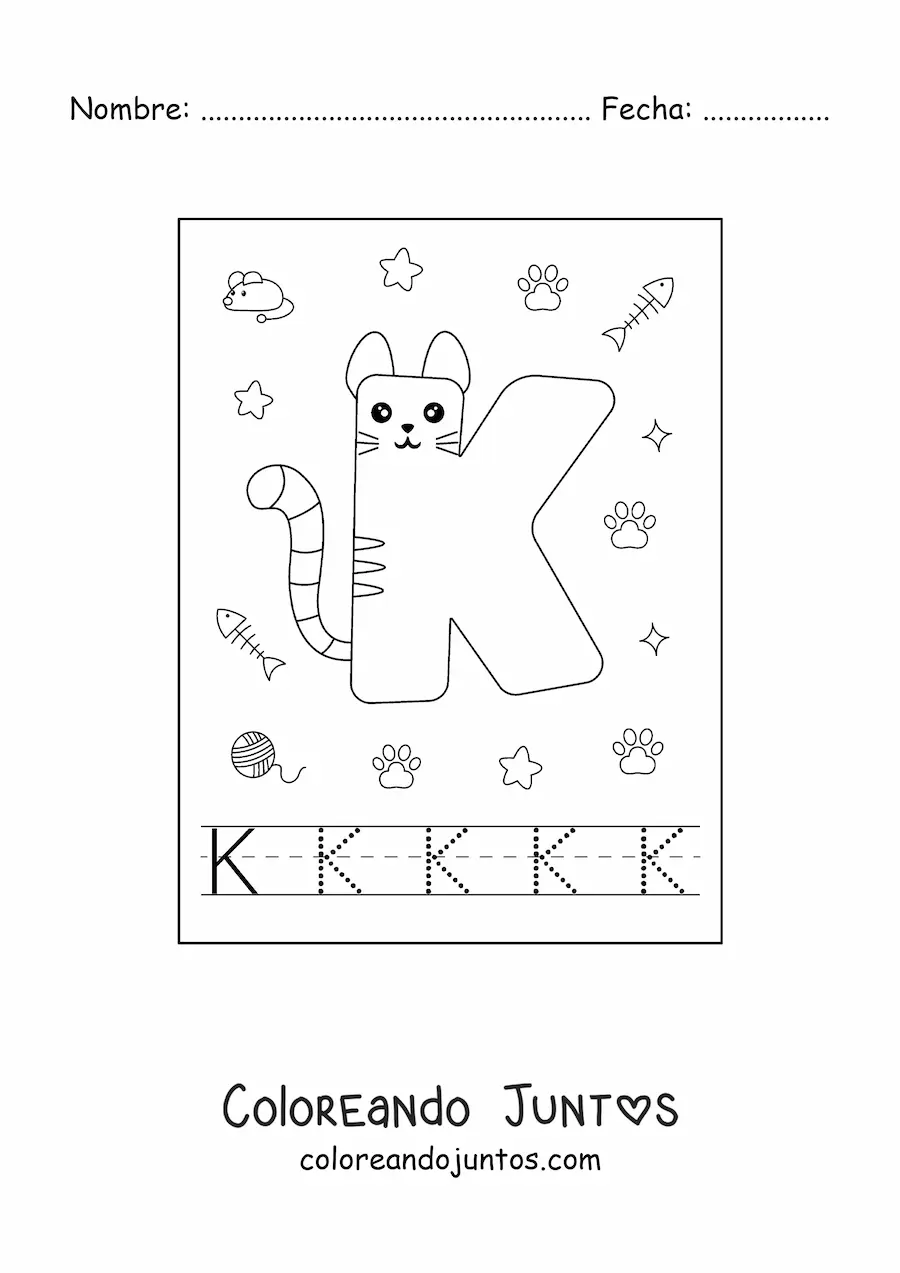 Imagen para colorear de la letra k animada con forma de gato