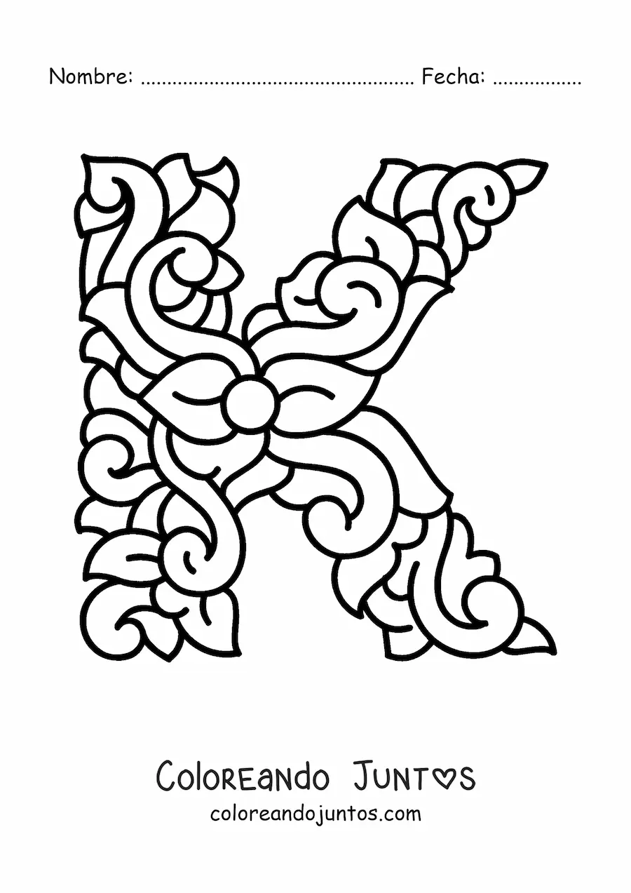 Imagen para colorear de letra k mayúscula decorada