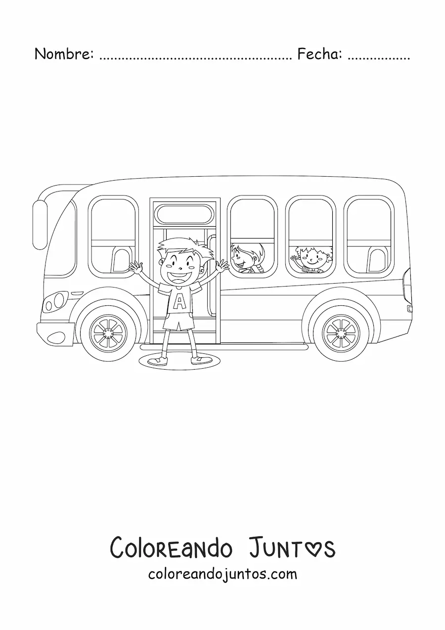 Imagen para colorear de alumnos animados en un autobús escolar