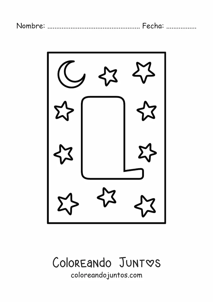 Imagen para colorear de letra l mayúscula con estrellas y una luna