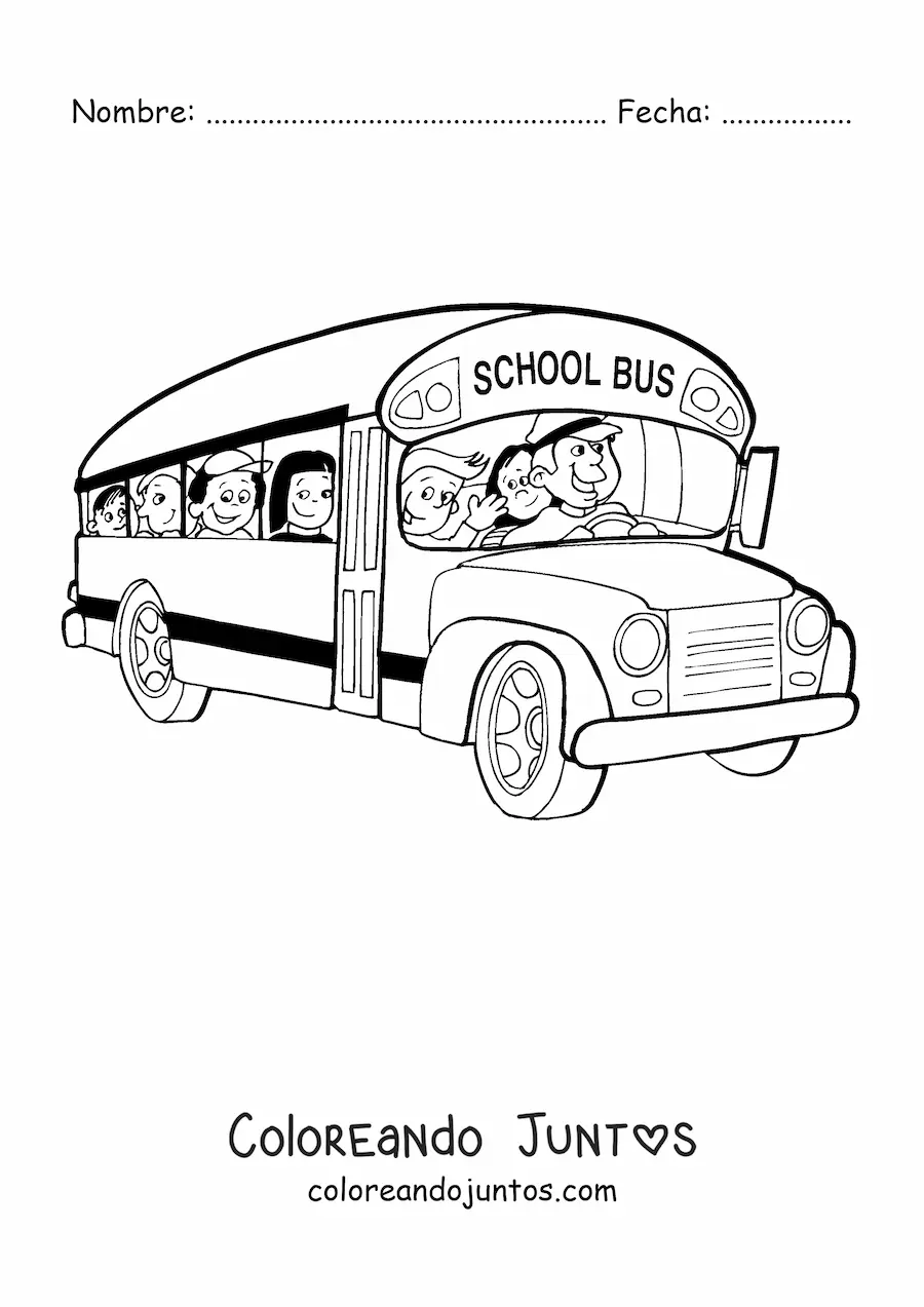 Imagen para colorear de un autobús escolar con conductor y alumnos