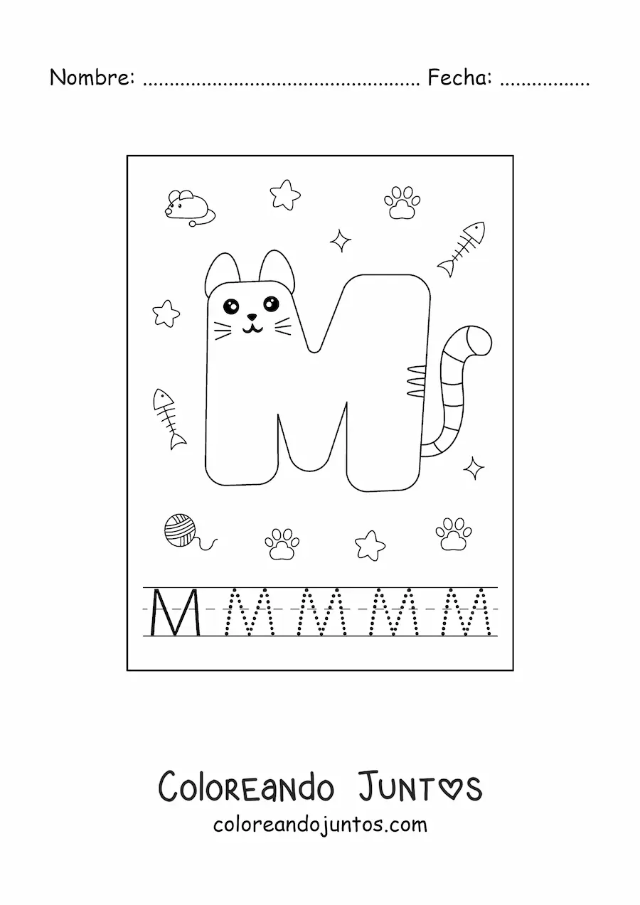 Imagen para colorear de la letra m animada con forma de gato