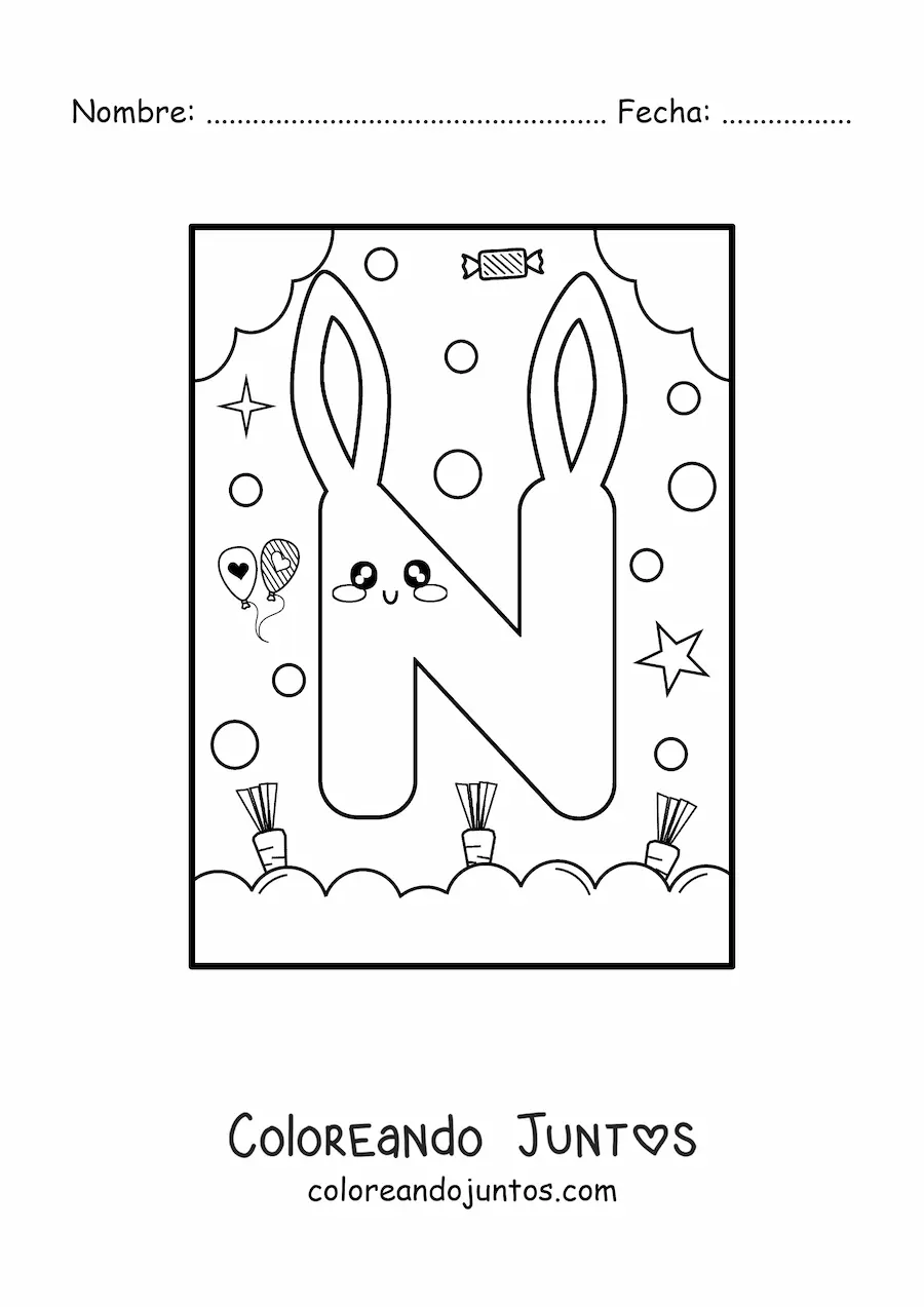 Imagen para colorear de letra n con forma de conejo kawaii animado