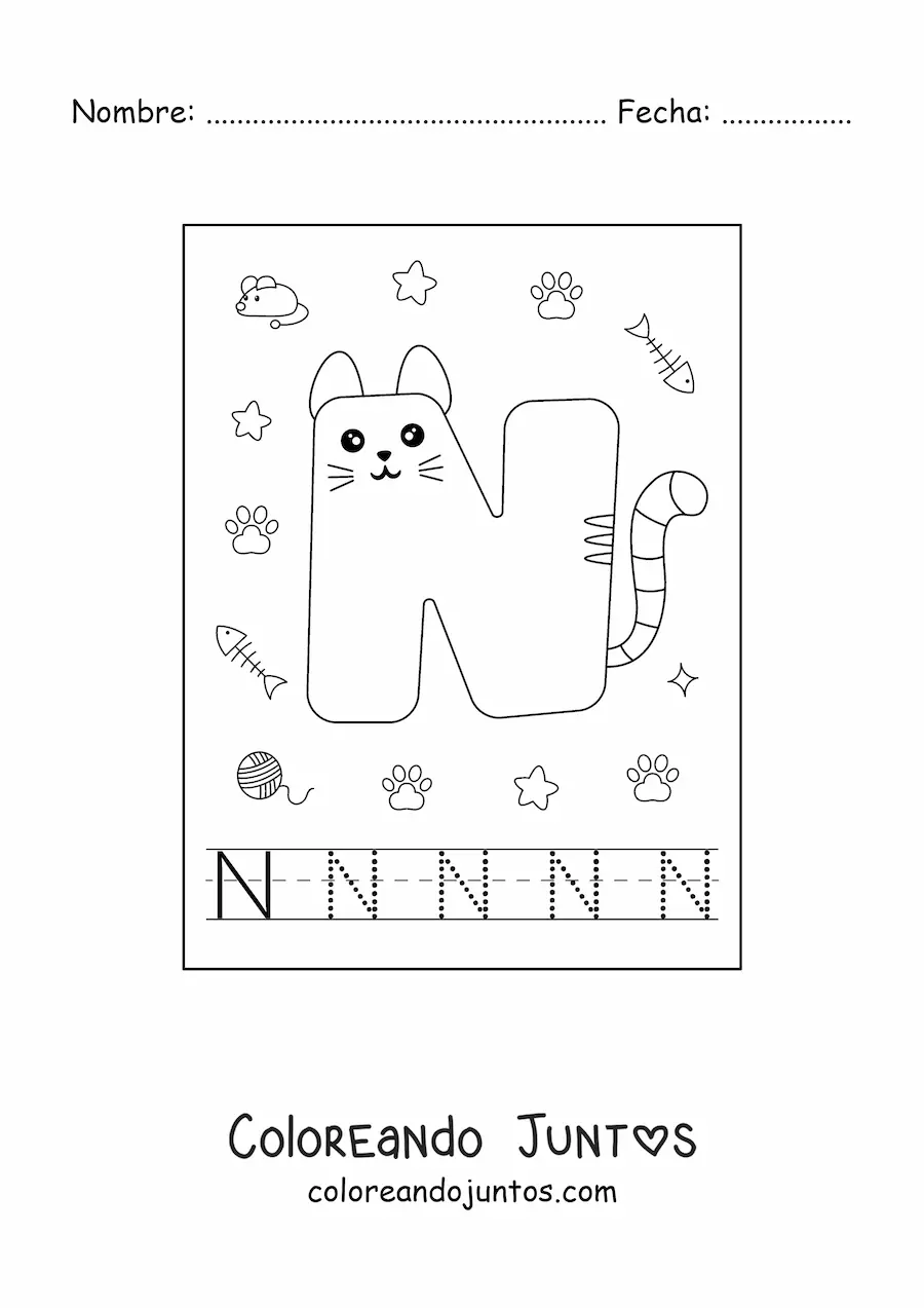 Imagen para colorear de la letra n animada con forma de gato