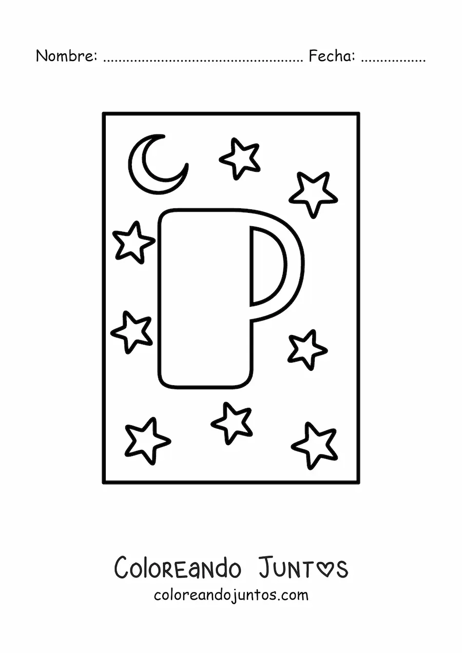 Imagen para colorear de letra p mayúscula con estrellas y una luna