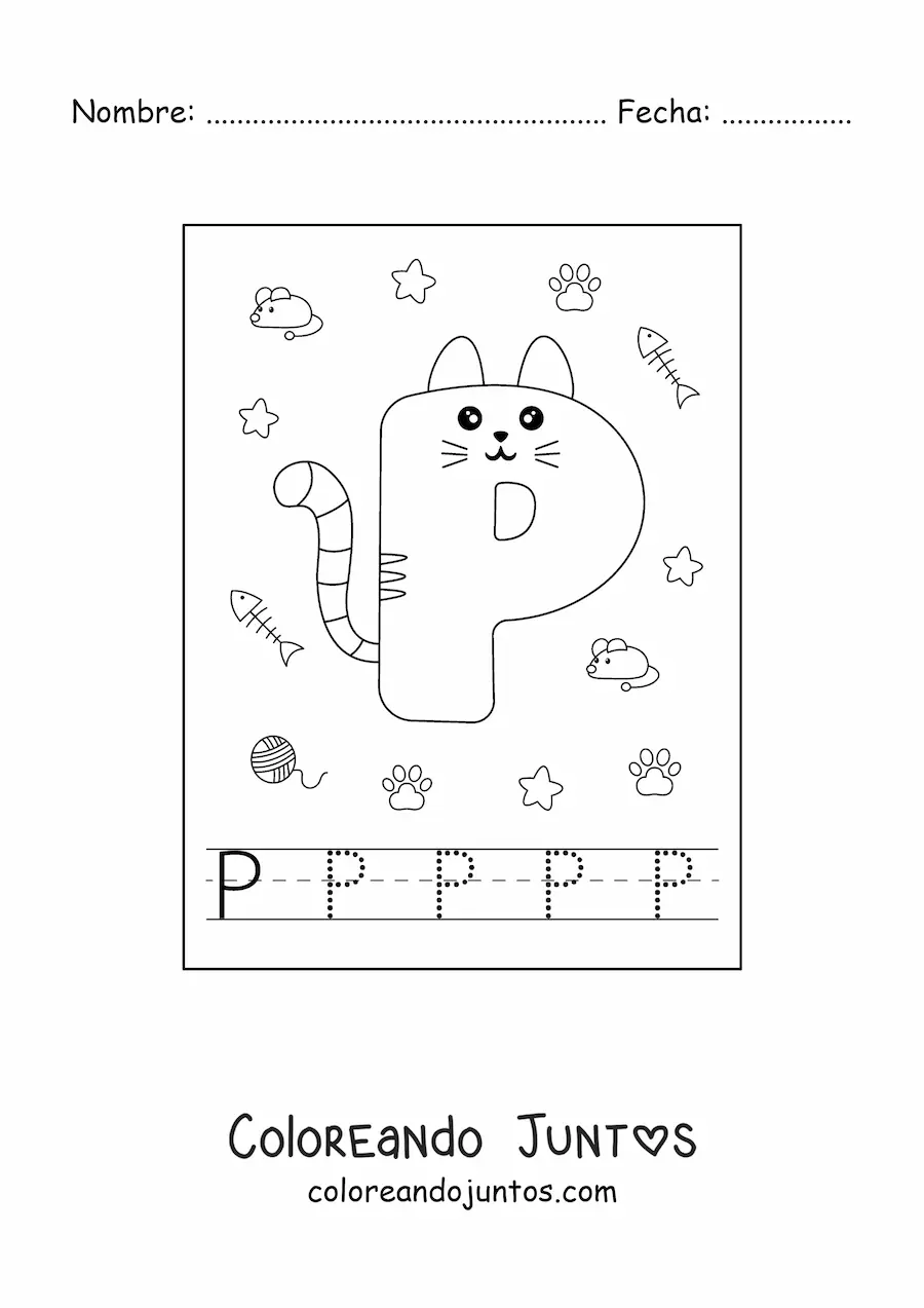 Imagen para colorear de la letra p animada con forma de gato