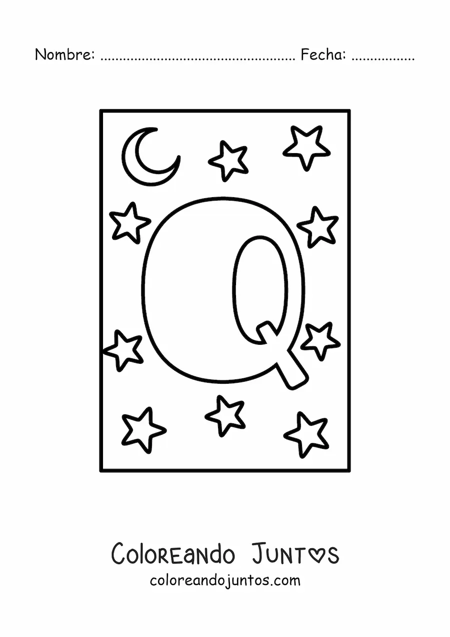 Imagen para colorear de letra q mayúscula con estrellas y una luna