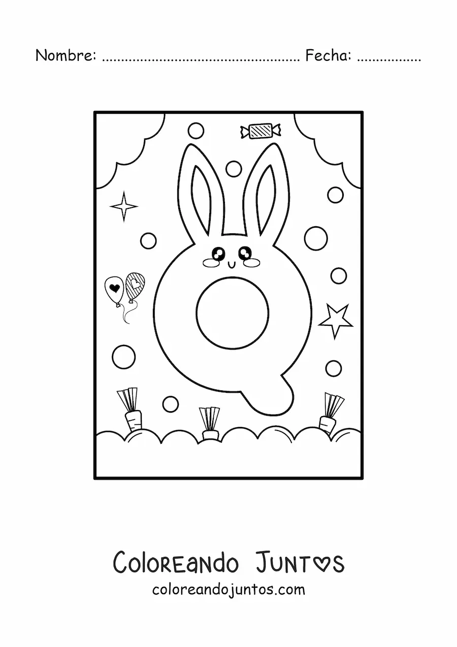 Imagen para colorear de letra q con forma de conejo kawaii animado