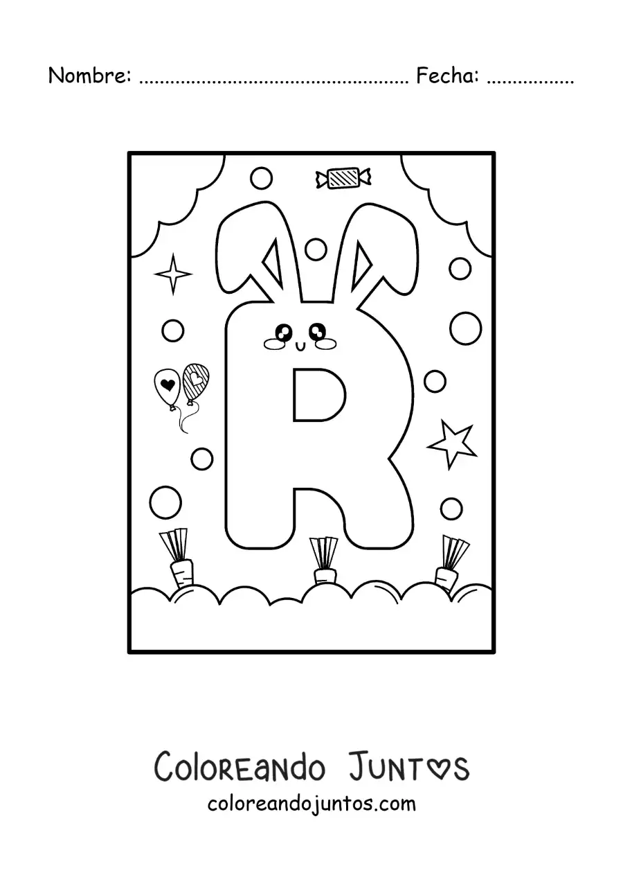 Imagen para colorear de letra r con forma de conejo kawaii animado