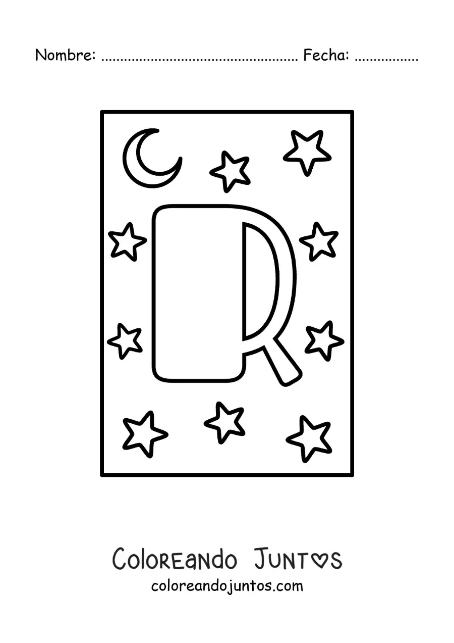 Imagen para colorear de letra r mayúscula con estrellas y una luna