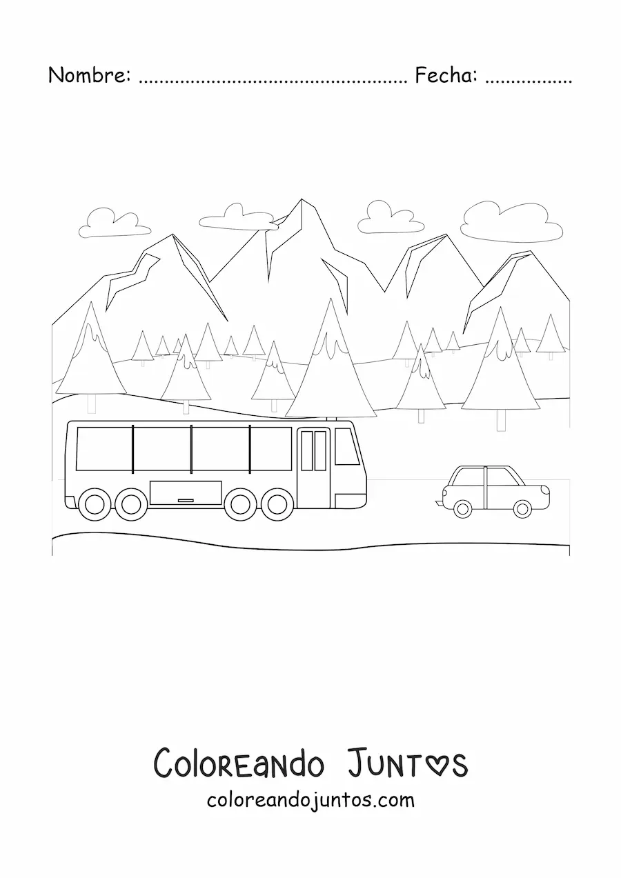 Imagen para colorear de un autobús de viaje transitando en la montaña