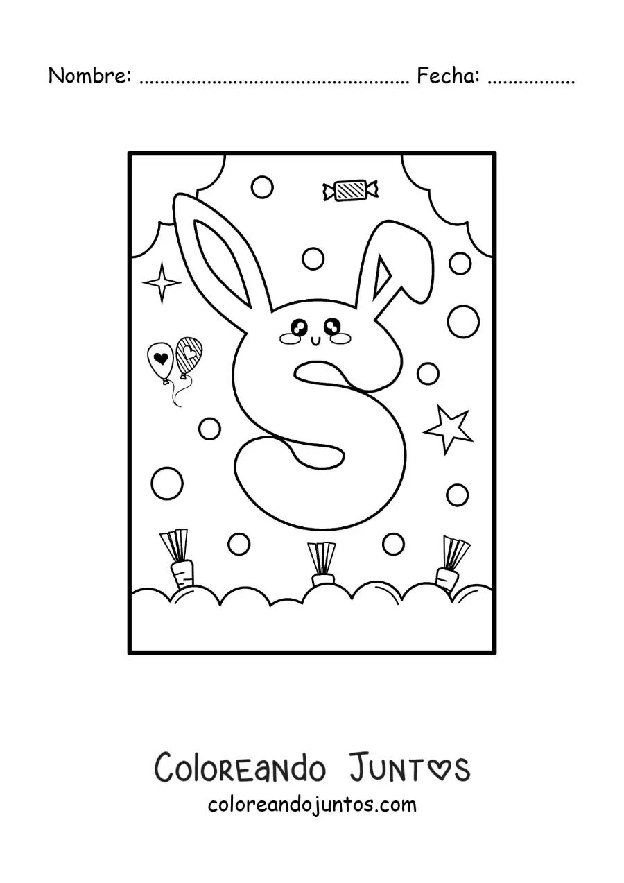 Imagen para colorear de letra s con forma de conejo kawaii animado