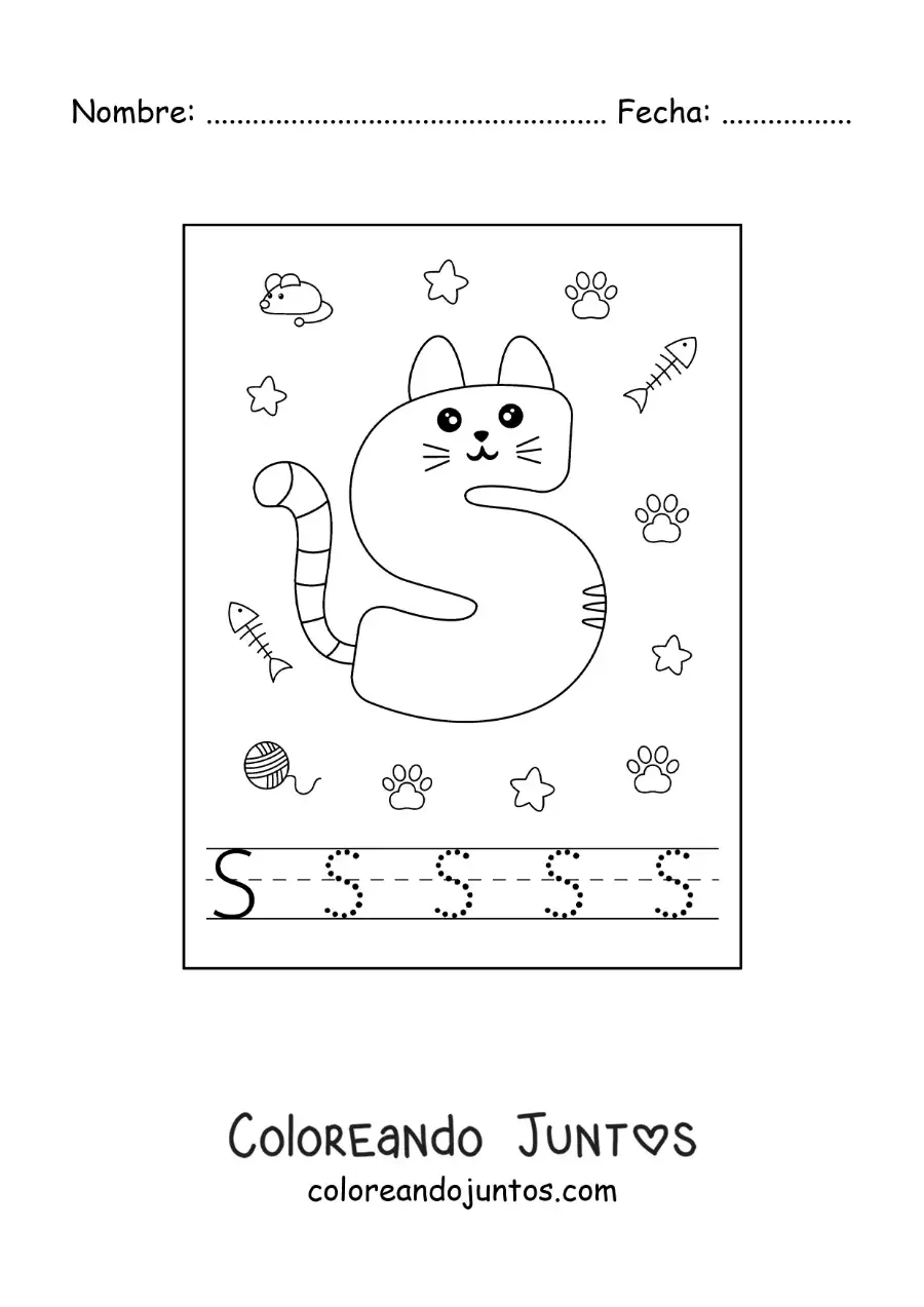 Imagen para colorear de la letra s animada con forma de gato