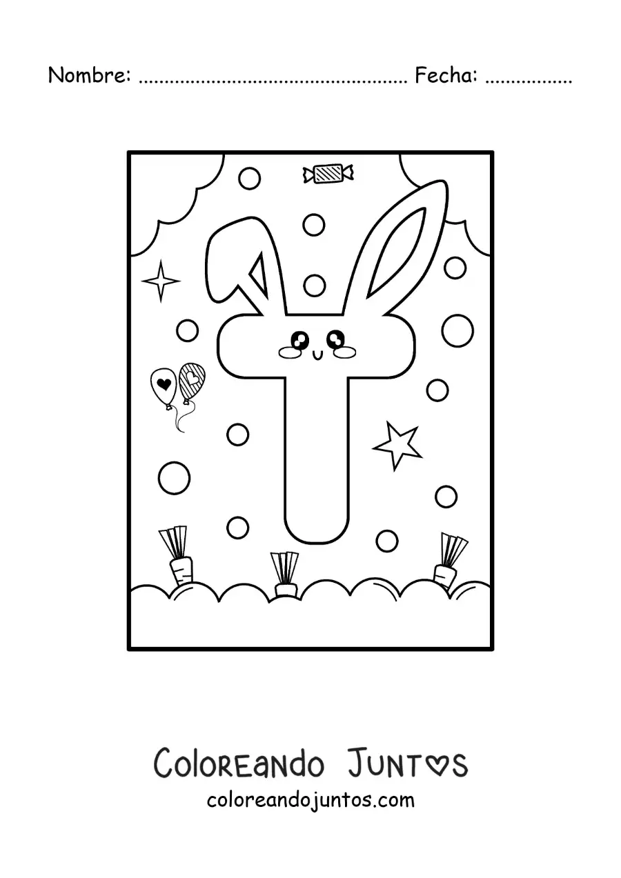 Imagen para colorear de letra t con forma de conejo kawaii animado