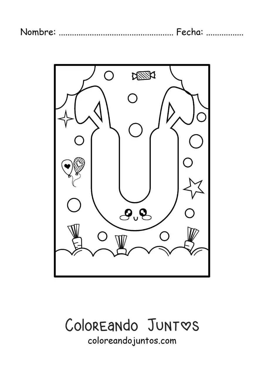 Imagen para colorear de letra u con forma de conejo kawaii animado