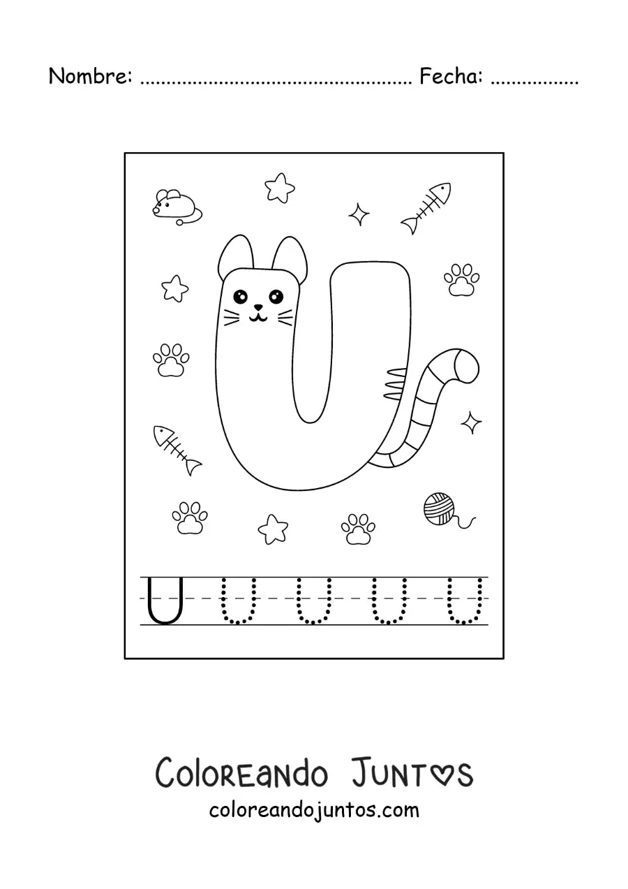 Imagen para colorear de la letra u animada con forma de gato