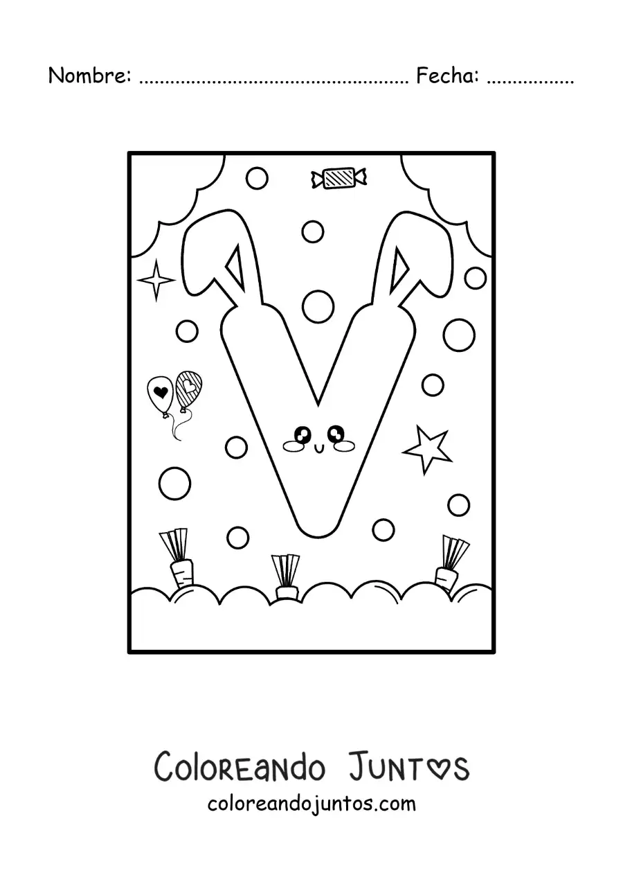 Imagen para colorear de letra v con forma de conejo kawaii animado