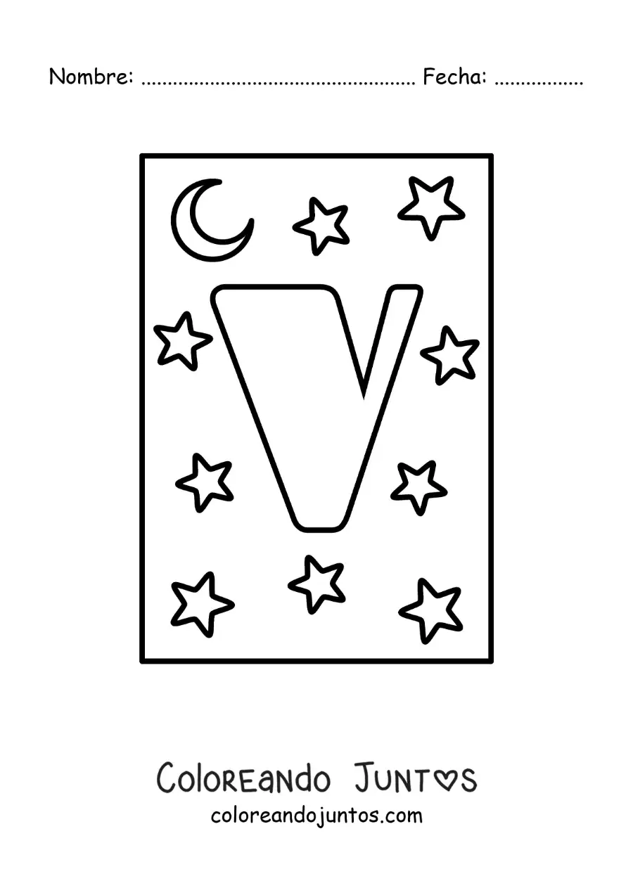 Imagen para colorear de letra v mayúscula con estrellas y una luna