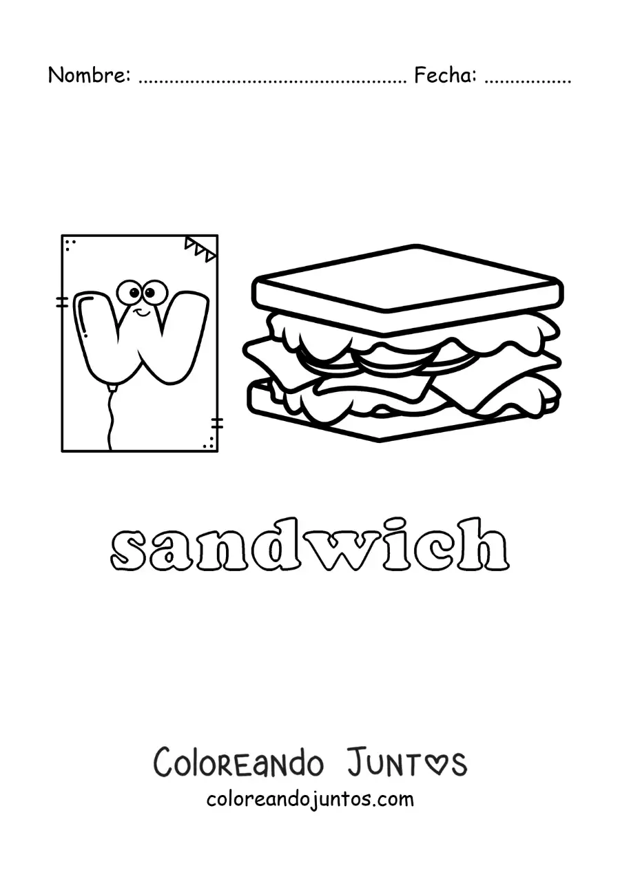 Imagen para colorear de w de sandwich