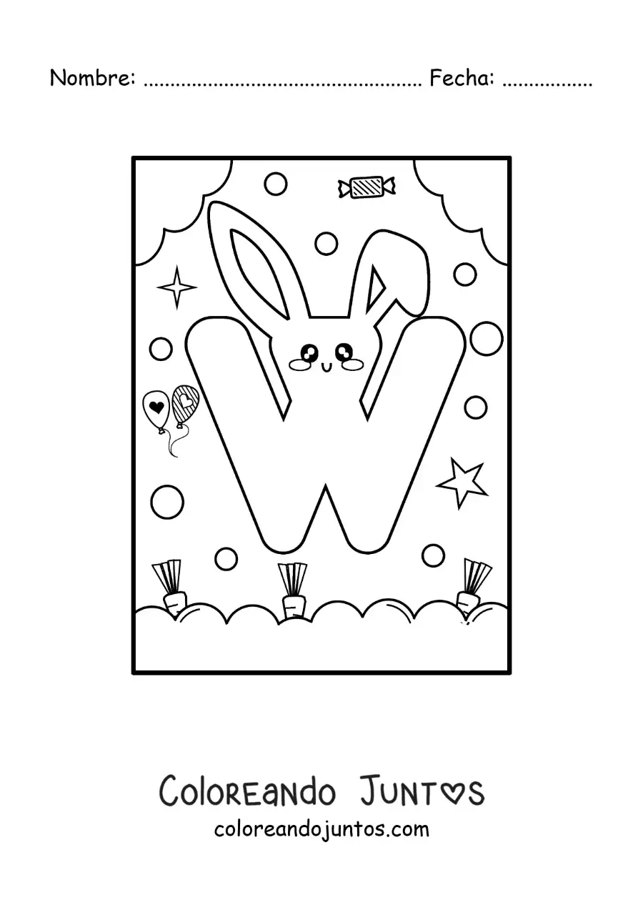 Imagen para colorear de letra w con forma de conejo kawaii animado