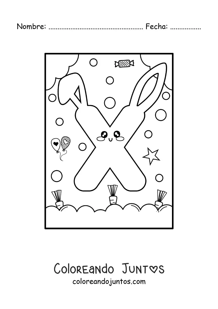Imagen para colorear de letra x con forma de conejo kawaii animado