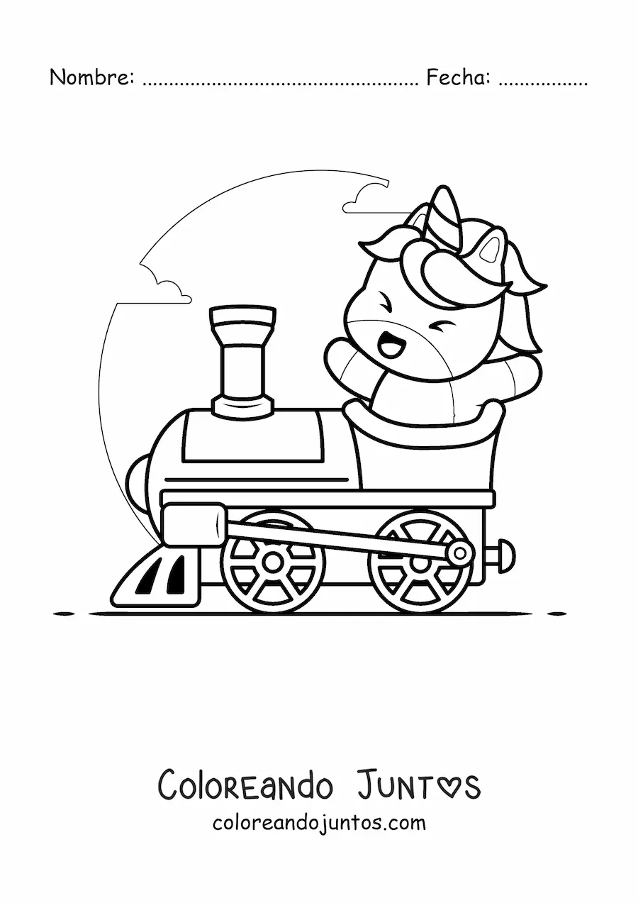 Imagen para colorear de un unicornio kawaii animado en un tren