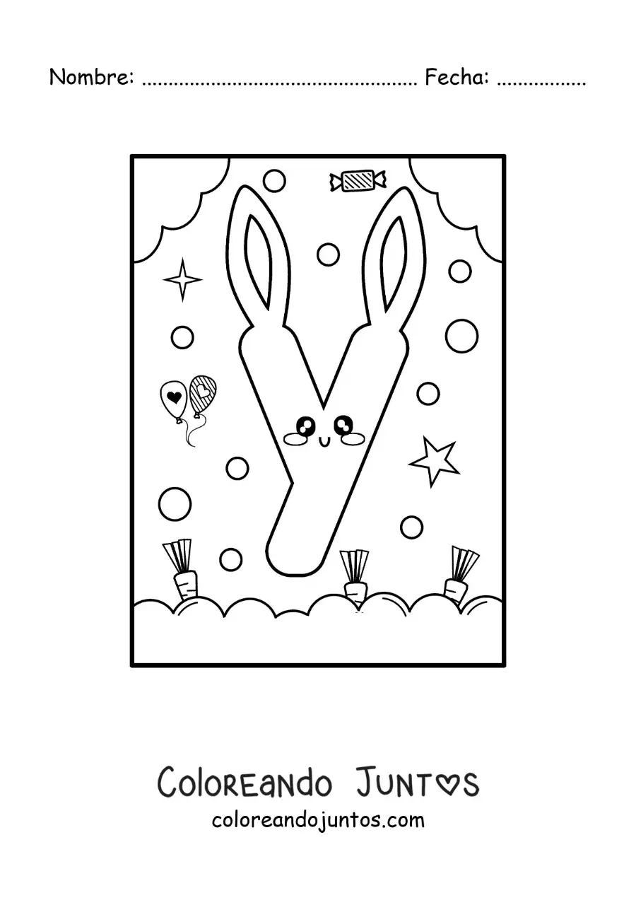 Imagen para colorear de letra y con forma de conejo kawaii animado