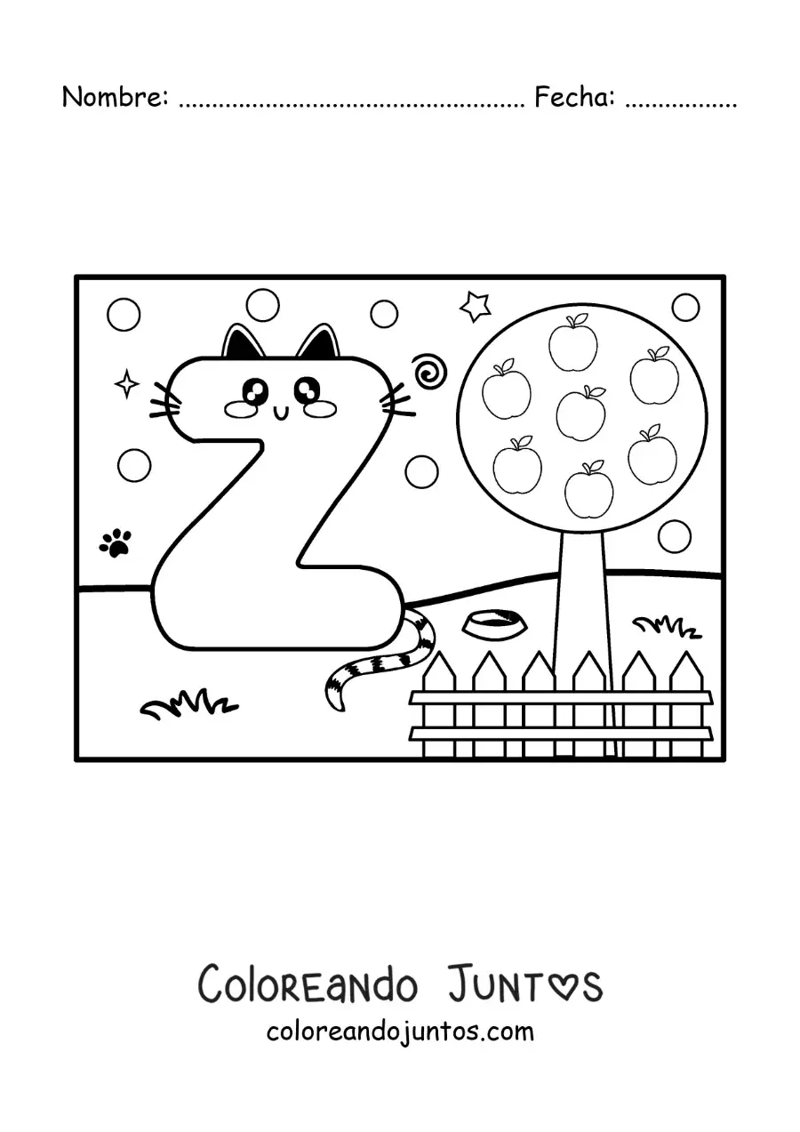 Imagen para colorear de la letra z animada con forma de gato en el parque