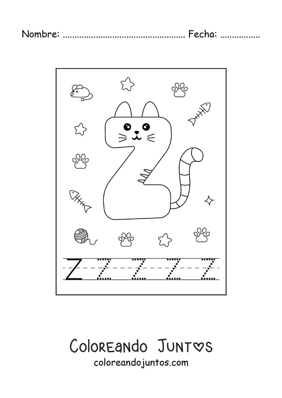Imagen para colorear de la letra z animada con forma de gato