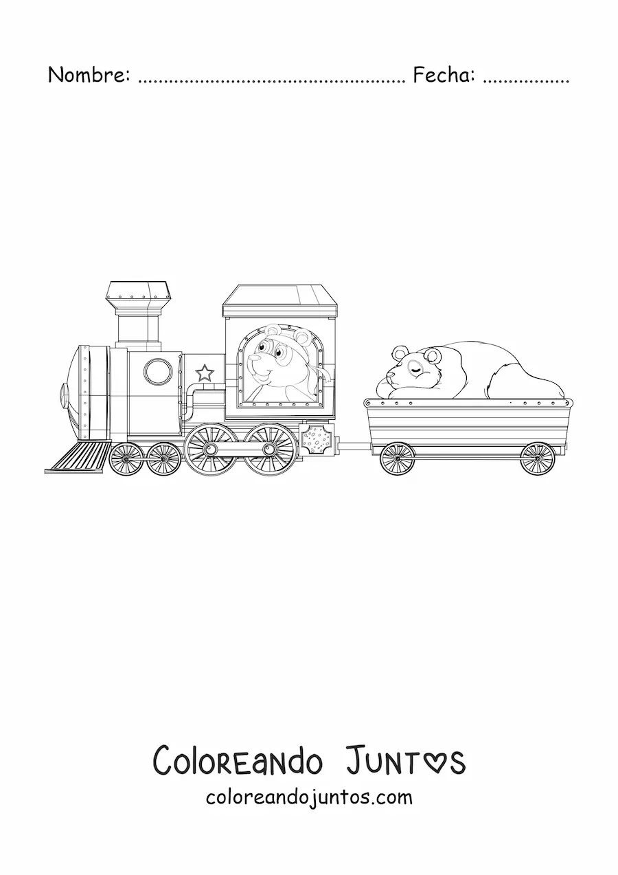 Imagen para colorear de dos pandas animados en un tren