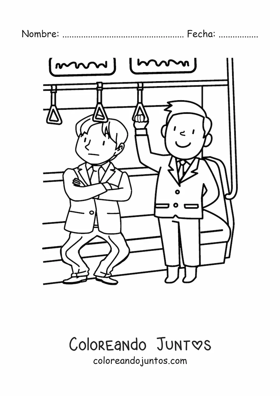 Imagen para colorear de dos hombres como pasajeros en un vagón del subterráneo