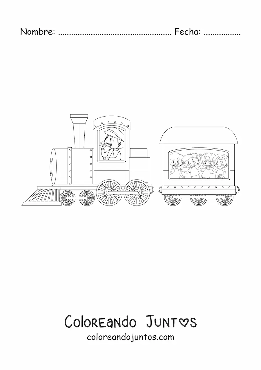 Imagen para colorear de varios niños a bordo de un tren