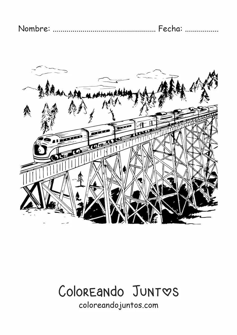 Imagen para colorear de un tren transitando sobre un puente