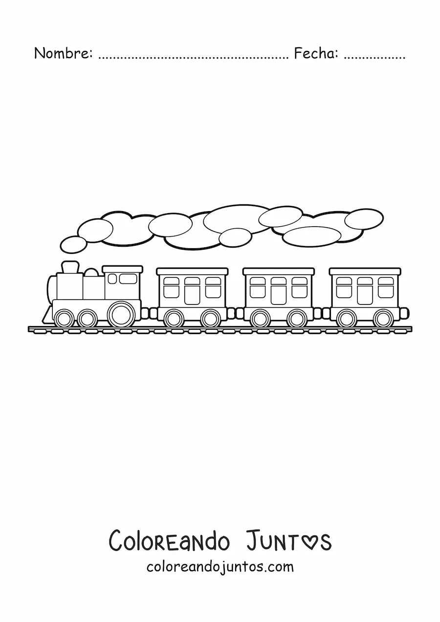 Imagen para colorear de un tren a vapor con tres vagones sobre rieles