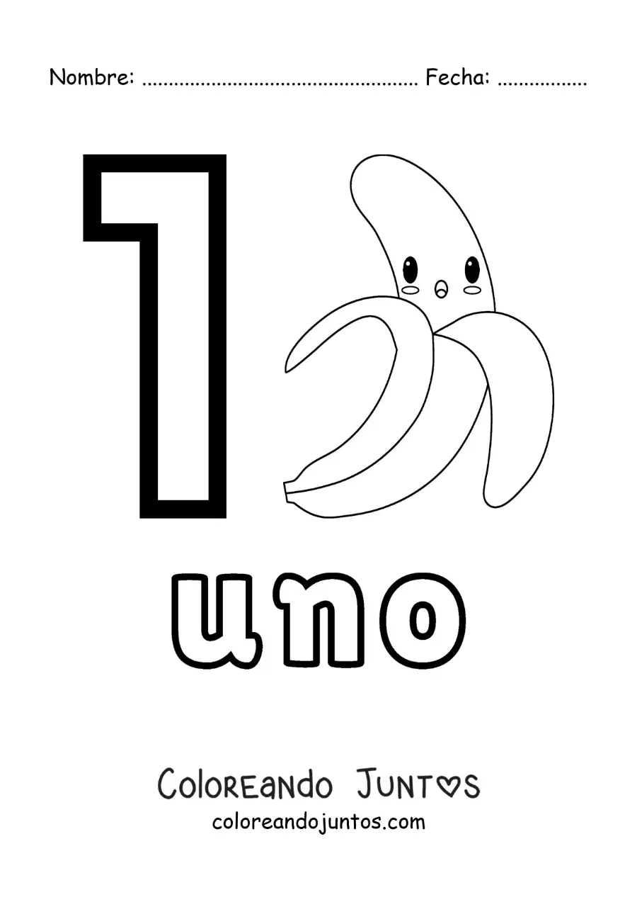 Imagen para colorear de tarjeta del número 1 para aprender a contar con frutas