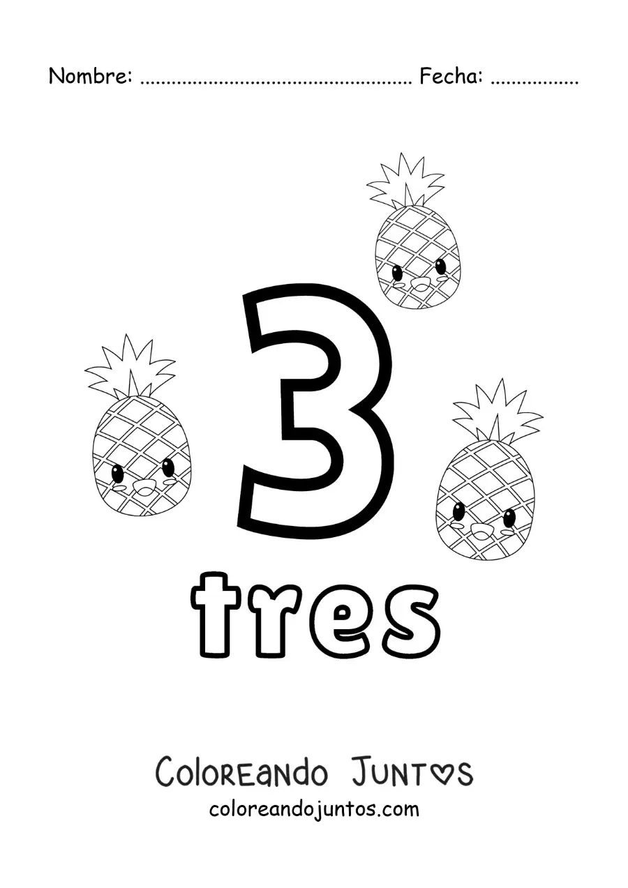 Imagen para colorear de tarjeta del número 3 para aprender a contar con frutas