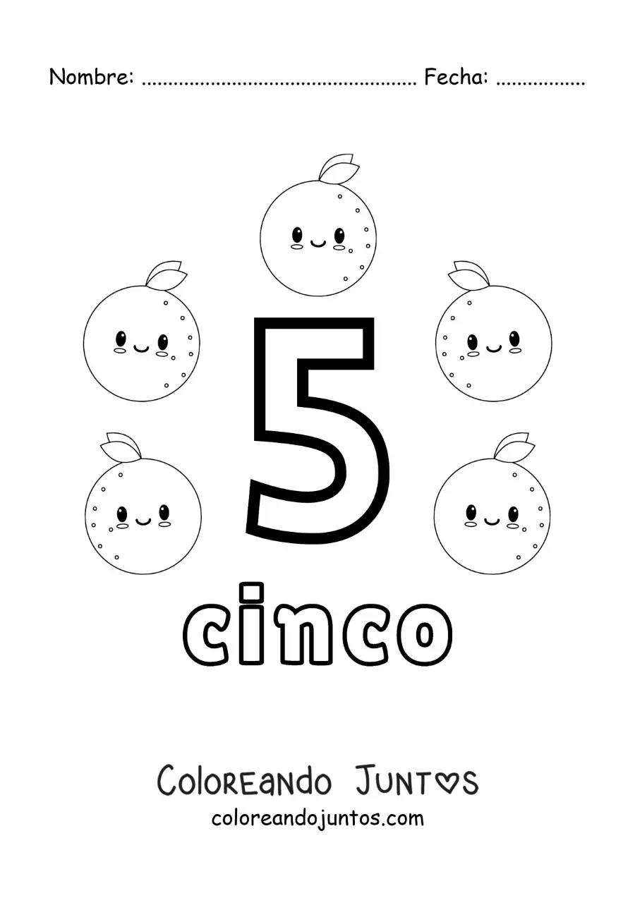 Imagen para colorear de tarjeta del número 5 para aprender a contar con frutas
