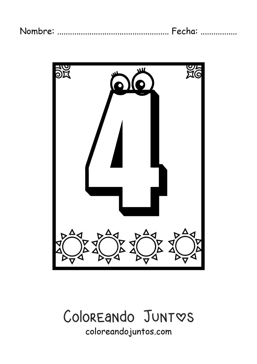Imagen para colorear de ficha del número 4 animado para aprender a contar