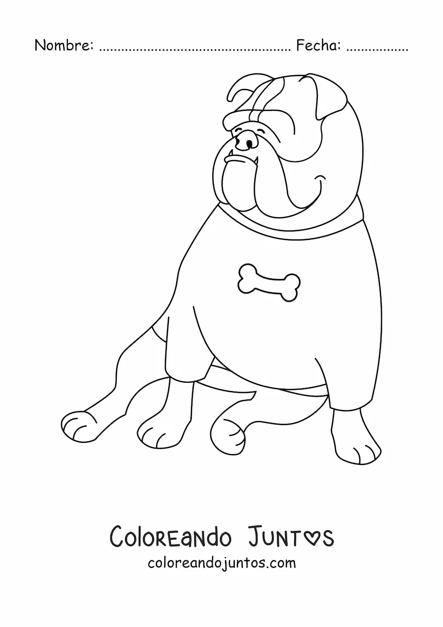Imagen para colorear de un bulldog sentado con una camisa con un hueso estampado