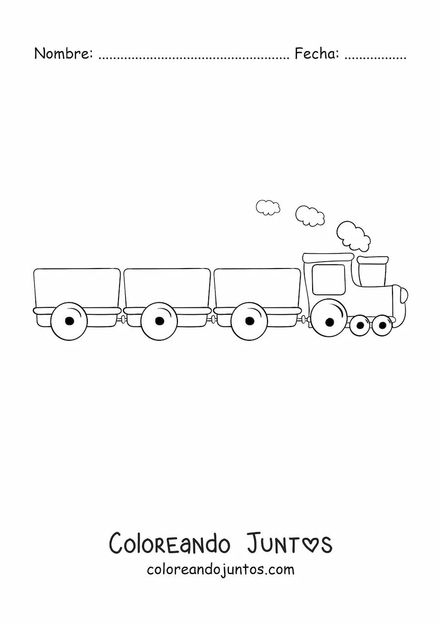Imagen para colorear de un tren a vapor con tres vagones