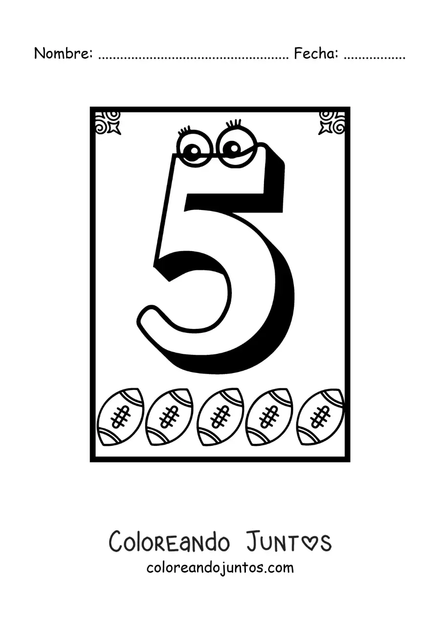 Imagen para colorear de ficha del número 5 animado para aprender a contar