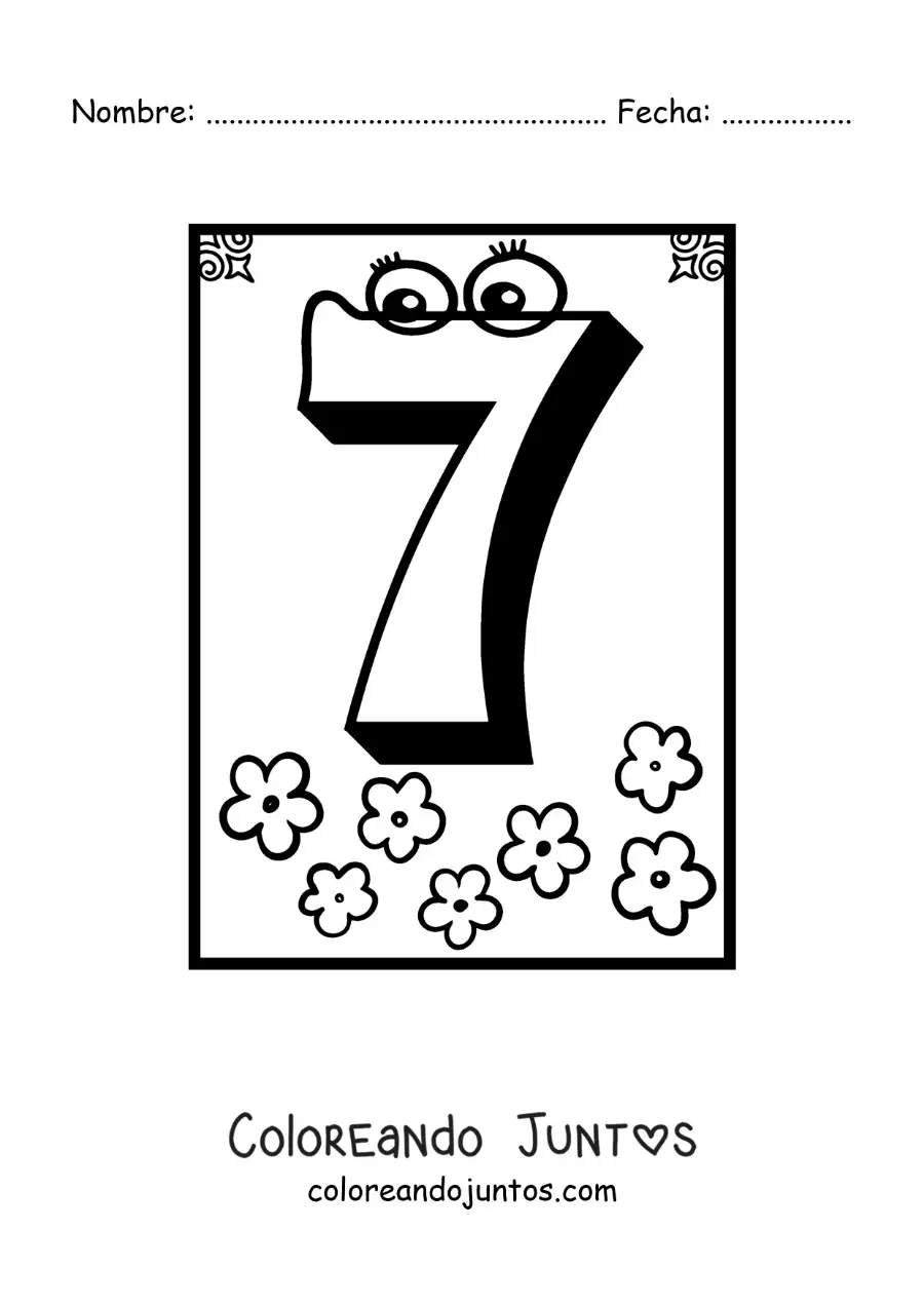 Imagen para colorear de ficha del número 7 animado para aprender a contar