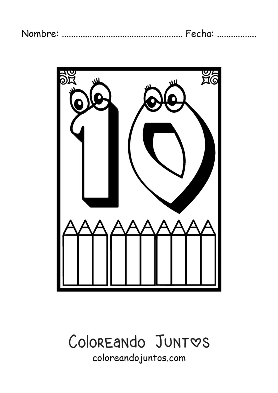 Imagen para colorear de ficha del número 10 animado para aprender a contar