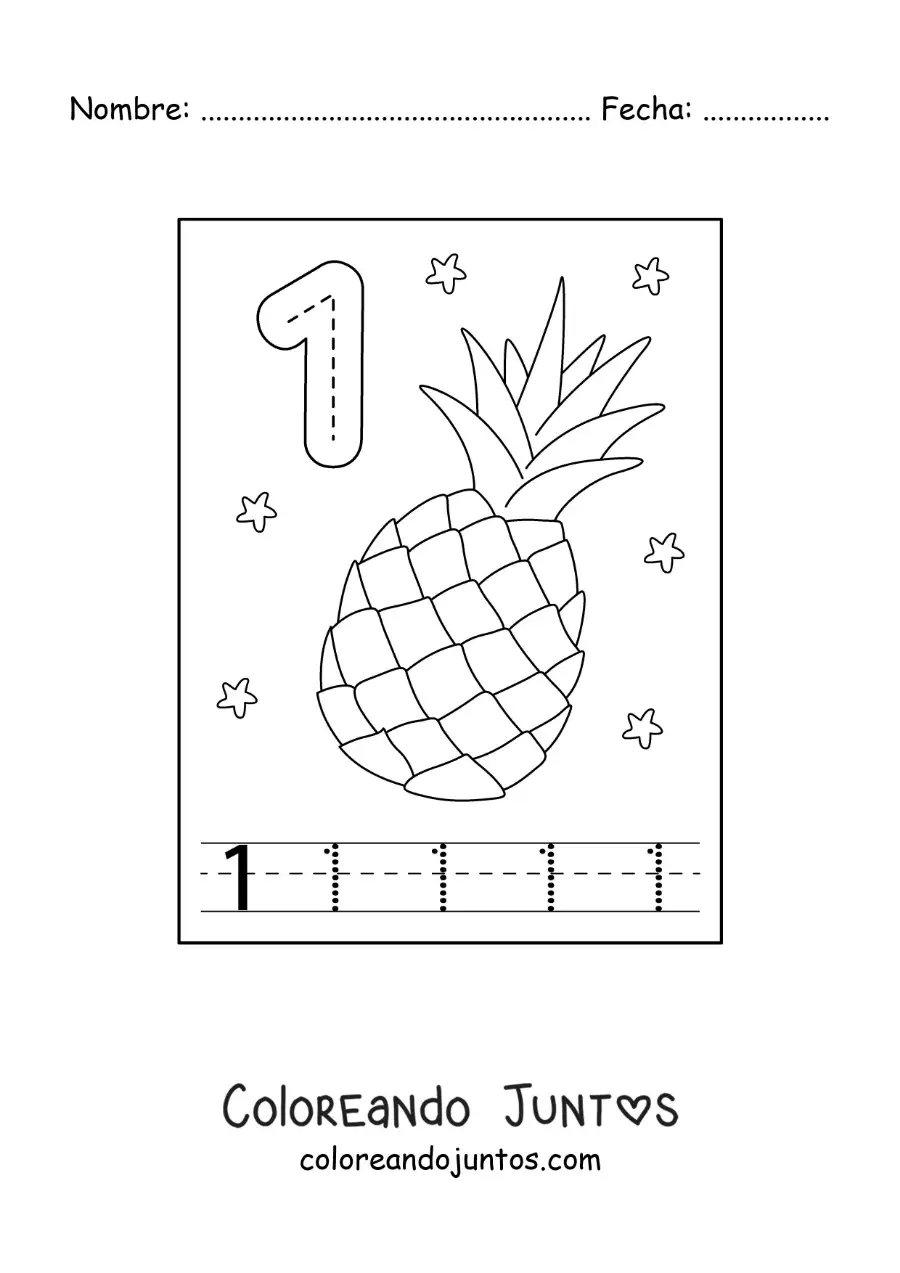 Imagen para colorear de tarjeta para aprender a trazar el número 1 y contar con frutas