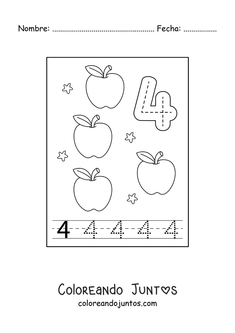 Imagen para colorear de tarjeta para aprender a trazar el número 4 y contar con frutas